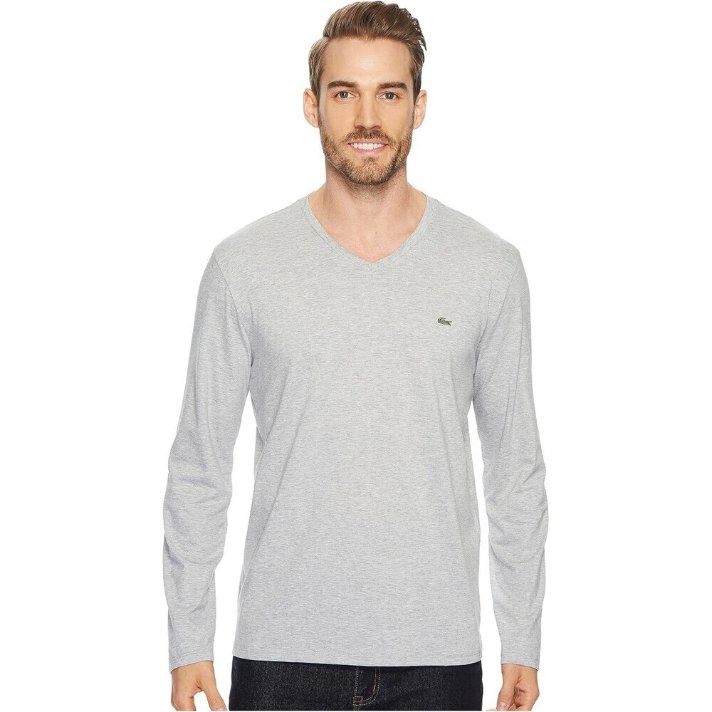 Lacoste T-Shirt Men's XL Silver Chine 100% Pima Cotton Jersey V-Neck Tee RED721